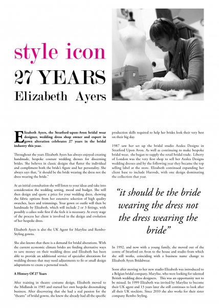 Bridal wear dress designer Elizabeth Ayers White Wedding Pages